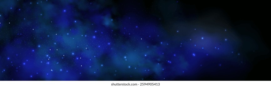 Realistic texture of fantastic smoke background. Blue fog with glitter and shimmering glowing particles. Starry neon magic dust.