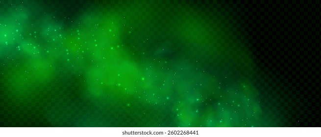 Realistic texture of fantastic smoke background. Green fog with glitter and shimmering glowing particles. Starry neon magic dust.