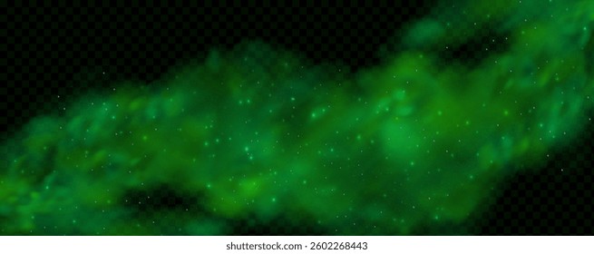 Realistic texture of fantastic smoke background. Green fog with glitter and shimmering glowing particles. Starry neon magic dust.