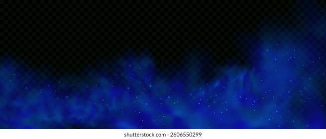 Realistic texture of fantastic smoke background. Blue fog with glitter and shimmering glowing particles. Starry neon magic dust.