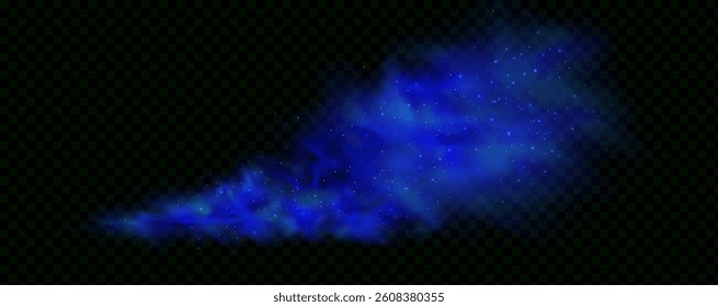 Realistic texture of fantastic smoke background. Blue fog with glitter and shimmering glowing particles. Starry neon magic dust.