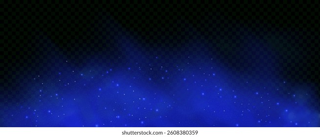Realistic texture of fantastic smoke background. Blue fog with glitter and shimmering glowing particles. Starry neon magic dust.