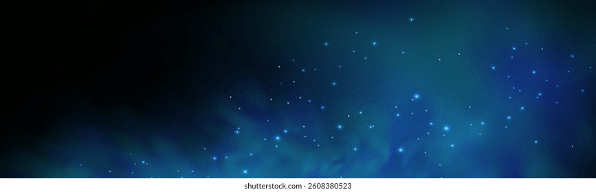 Realistic texture of fantastic smoke background. Blue fog with glitter and shimmering glowing particles. Starry neon magic dust.