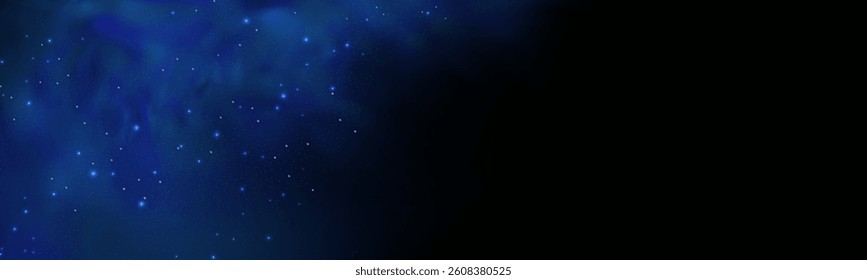 Realistic texture of fantastic smoke background. Blue fog with glitter and shimmering glowing particles. Starry neon magic dust.