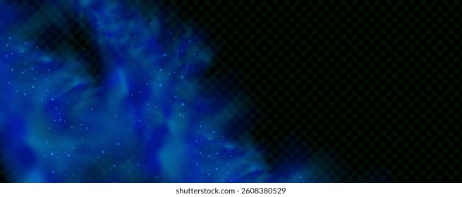 Realistic texture of fantastic smoke background. Blue fog with glitter and shimmering glowing particles. Starry neon magic dust.