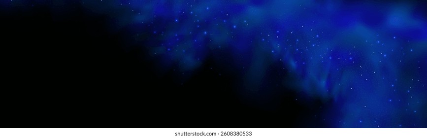 Realistic texture of fantastic smoke background. Blue fog with glitter and shimmering glowing particles. Starry neon magic dust.
