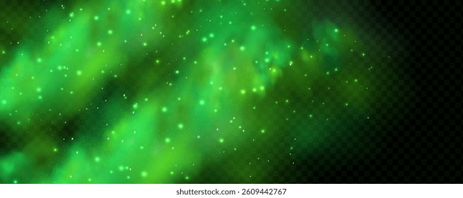 Realistic texture of fantastic smoke background. Green fog with glitter and shimmering glowing particles. Starry neon magic dust.