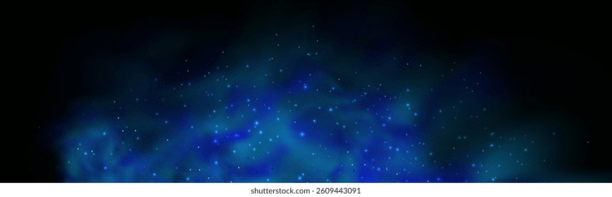 Realistic texture of fantastic smoke background. Blue fog with glitter and shimmering glowing particles. Starry neon magic dust.
