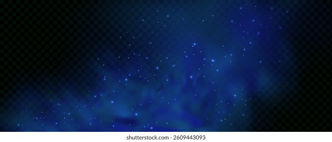 Realistic texture of fantastic smoke background. Blue fog with glitter and shimmering glowing particles. Starry neon magic dust.