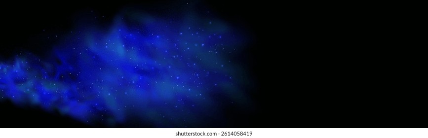 Realistic texture of fantastic smoke background. Blue fog with glitter and shimmering glowing particles. Starry neon magic dust.