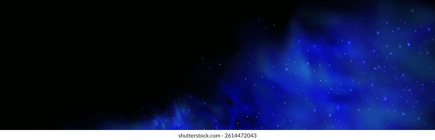 Realistic texture of fantastic smoke background. Blue fog with glitter and shimmering glowing particles. Starry neon magic dust.