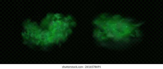 Realistic texture of fantastic smoke background. Green fog with glitter and shimmering glowing particles. Starry neon magic dust.