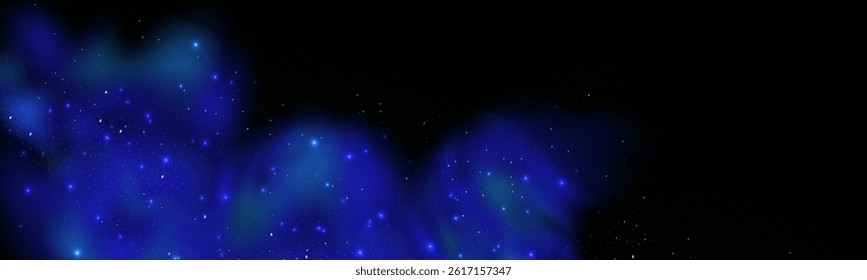 Realistic texture of fantastic smoke background. Blue fog with glitter and shimmering glowing particles. Starry neon magic dust.