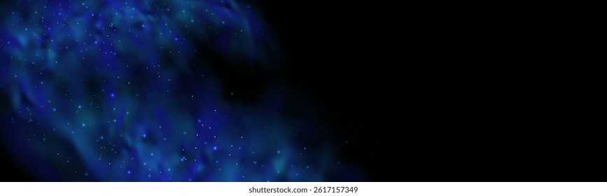Realistic texture of fantastic smoke background. Blue fog with glitter and shimmering glowing particles. Starry neon magic dust.