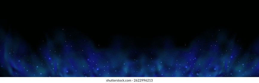 Realistic texture of fantastic smoke background. Blue fog with glitter and shimmering glowing particles. Starry neon magic dust.