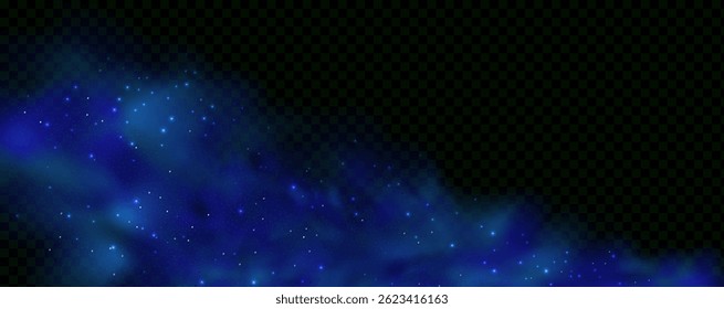 Realistic texture of fantastic smoke background. Blue fog with glitter and shimmering glowing particles. Starry neon magic dust.