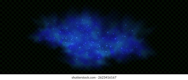 Realistic texture of fantastic smoke background. Blue fog with glitter and shimmering glowing particles. Starry neon magic dust.