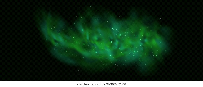 Realistic texture of fantastic smoke background. Green fog with glitter and shimmering glowing particles. Starry neon magic dust.
