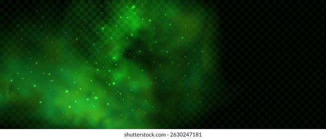 Realistic texture of fantastic smoke background. Green fog with glitter and shimmering glowing particles. Starry neon magic dust.