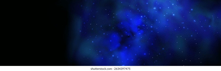 Realistic texture of fantastic smoke background. Blue fog with glitter and shimmering glowing particles. Starry neon magic dust.