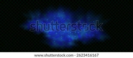 Realistic texture of fantastic smoke background. Blue fog with glitter and shimmering glowing particles. Starry neon magic dust.