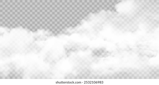 Realistic texture of fog, smog transparent special effect. White steam cloud, mist on transparent background.Vector illustration