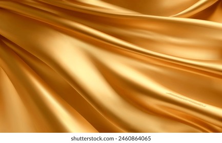 Realistische Textur von Goldener Seide Hintergrund. Vektorgrafik Textur aus Seidengewebe mit glatten Falten, drapiert