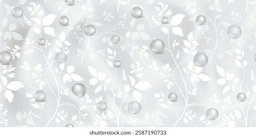 Realistic texture of grey silk background with seamless pattern of leaves and branches. Vector 3D texture of silk natural fabric with smooth pleats and pearl  beads