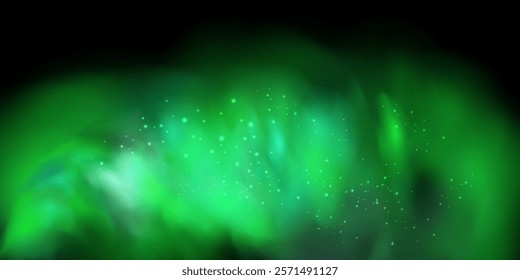 Realistic texture of mystical smoke in the background, with green fog swirling and sparkling with glowing particles, as starry neon magic dust shimmers throughout.