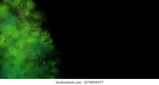 Realistic texture of mystical smoke in the background, with green fog swirling and sparkling with glowing particles, as starry neon magic dust shimmers throughout.