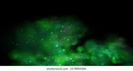 Realistic texture of mystical smoke in the background, with green fog swirling and sparkling with glowing particles, as starry neon magic dust shimmers throughout.