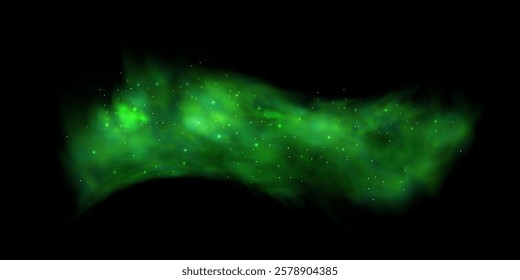 Realistic texture of mystical smoke in the background, with green fog swirling and sparkling with glowing particles, as starry neon magic dust shimmers throughout.