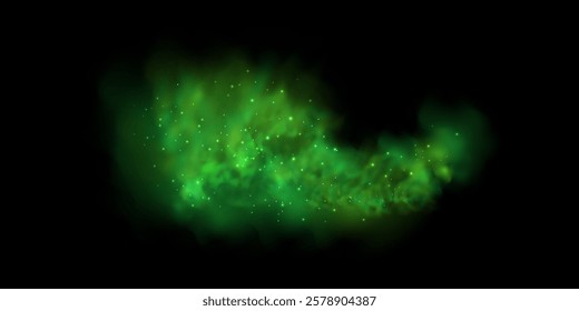 Realistic texture of mystical smoke in the background, with green fog swirling and sparkling with glowing particles, as starry neon magic dust shimmers throughout.