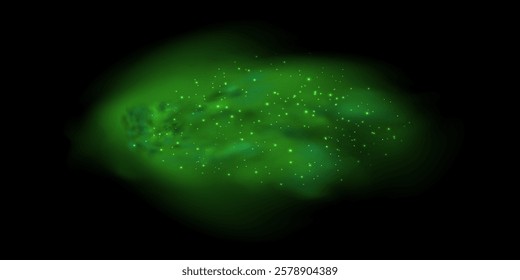 Realistic texture of mystical smoke in the background, with green fog swirling and sparkling with glowing particles, as starry neon magic dust shimmers throughout.