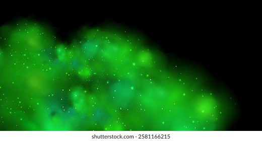Realistic texture of mystical smoke in the background, with green fog swirling and sparkling with glowing particles, as starry neon magic dust shimmers throughout.