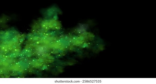 Realistic texture of mystical smoke in the background, with green fog swirling and sparkling with glowing particles, as starry neon magic dust shimmers throughout.