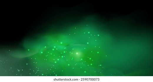 Realistic texture of mystical smoke in the background, with green fog swirling and sparkling with glowing particles, as starry neon magic dust shimmers throughout.
