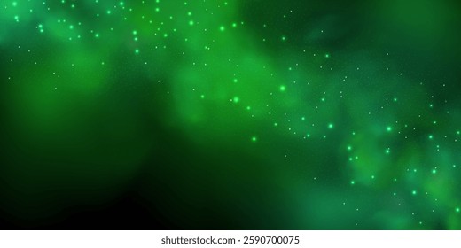 Realistic texture of mystical smoke in the background, with green fog swirling and sparkling with glowing particles, as starry neon magic dust shimmers throughout.