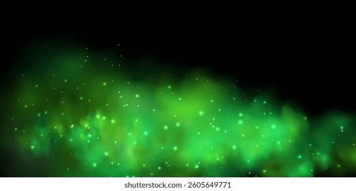 Realistic texture of mystical smoke in the background, with green fog swirling and sparkling with glowing particles, as starry neon magic dust shimmers throughout.