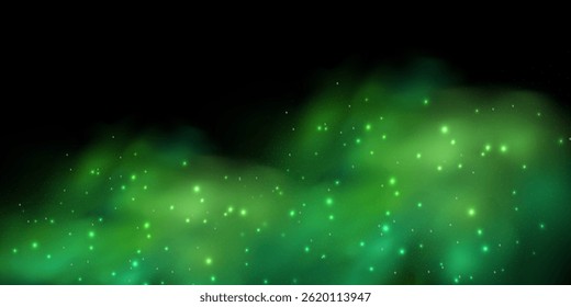 Realistic texture of mystical smoke in the background, with green fog swirling and sparkling with glowing particles, as starry neon magic dust shimmers throughout.