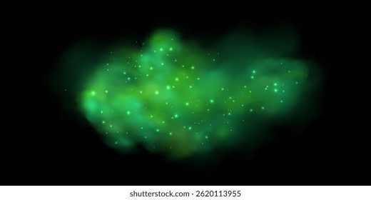 Realistic texture of mystical smoke in the background, with green fog swirling and sparkling with glowing particles, as starry neon magic dust shimmers throughout.