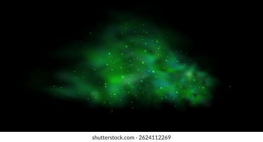 Realistic texture of mystical smoke in the background, with green fog swirling and sparkling with glowing particles, as starry neon magic dust shimmers throughout.