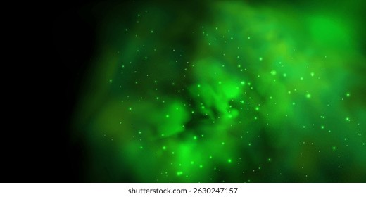 Realistische Textur von mystischem Rauch im Hintergrund, mit grünem Nebel wirbelnd und funkelnd mit leuchtenden Teilchen, während sternenklare Neonmagie Staub durchschimmert.
