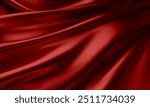 Realistic texture of silk background. Vector 3D texture of silk natural fabric with smooth pleats, red, graceful, dark and expensive scarlet color