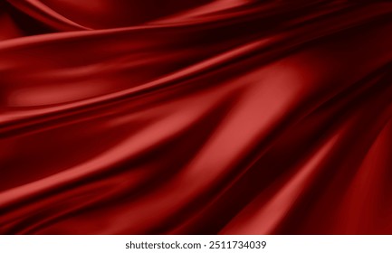 Realistic texture of silk background. Vector 3D texture of silk natural fabric with smooth pleats, red, graceful, dark and expensive scarlet color