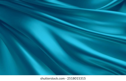 Realistic texture of silk background. Vector 3D texture of silk natural fabric with smooth pleats of aqua color, turquoise.