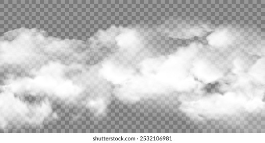 Realistic texture of white fog, smog transparent special effect. Steam cloud, mist on transparent background.Vector illustration