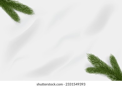 Realistic texture of white snow. Banner with realistic snow and fir tree branches Vector illustration with top view