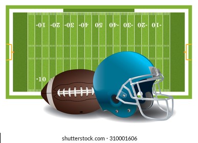 A realistic textured American football field, ball, and helmet isolated on a white background illustration. Vector EPS 10 available. EPS file contains transparencies and gradient mesh.