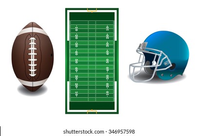 A realistic textured American football field, ball, and helmet isolated on a white background illustration. Vector EPS 10 available. EPS file contains transparencies and gradient mesh.
